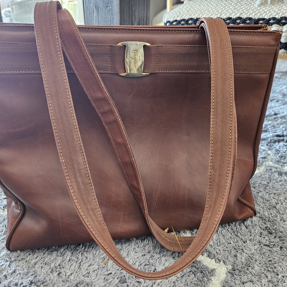 Ferragamo  Leather Tote Bag with Signature Buckle